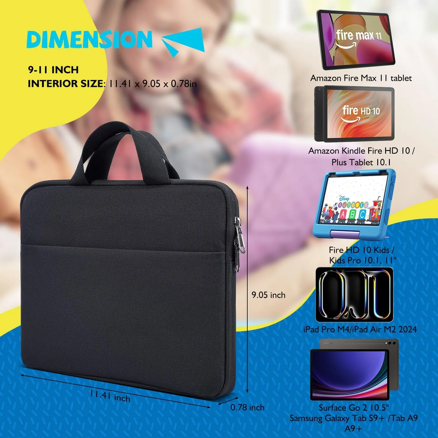 9-11 Inch Tablet Sleeve Carrying Case for New Amazon Fire Max 11/10.1" Fire HD 10 Plus Kids Pro, iPad Pro M4/Air M3 M2 11" 2025/ iPad A16 11"/Galaxy S9 S8 A9  A8 11" 10.5" Protective Bag, Black