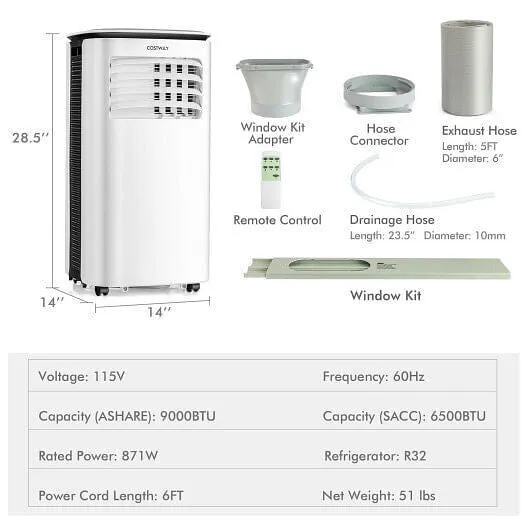 9000 BTU 3 in 1 Portable Air Conditioner with Fan and Dehumidifier-White - Color
