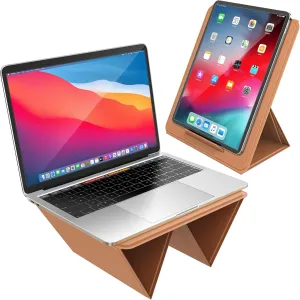 AboveTEK Portable Tablet Stand, 2-in-1 Foldable iPad Stand & Laptop Holder for Desk, Adjustable Travel Stand for 14"~17" MacBook Air/Pro/Tablets/Kindle, Ultra-Sleek PU Leather Computer Riser