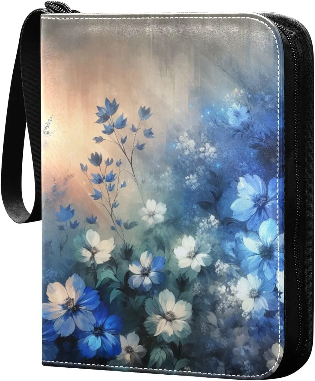 Abstract Blue Flowers Card Binder 4 Pocket Trading Card Album Fits 400 Sports/Game Cards, PU Cover 3 Ring Card Collection with 50 Removable Sleeves