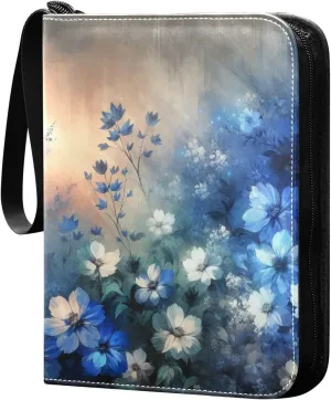 Abstract Blue Flowers Card Binder 4 Pocket Trading Card Album Fits 400 Sports/Game Cards, PU Cover 3 Ring Card Collection with 50 Removable Sleeves