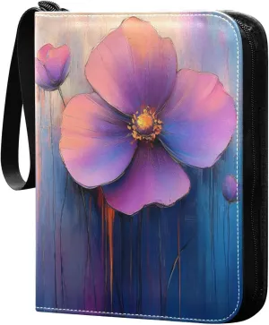 Abstract Purple Flower Painting Cards Binder 4 Pocket Fits 400 Cards with 50 Removable Sleevesves, Trading Card Collector Zipper Album Holder Portable Card Games Display Storage Cases