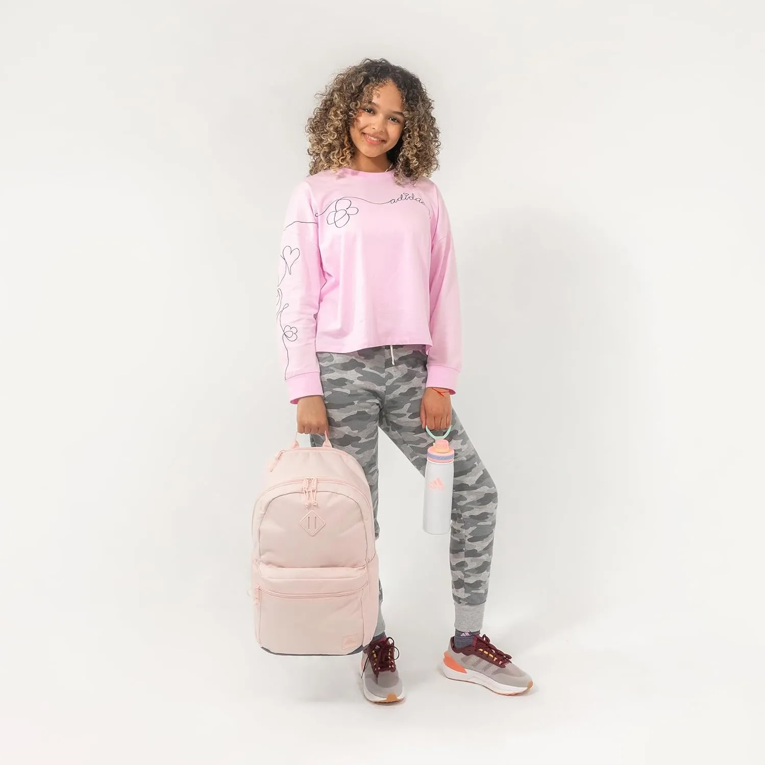 adidas Classic 3-Stripe Durable Backpack Student Athletic Sport Laptop Book Bag, Sandy Pink/Onix Grey/5.0, One Size
