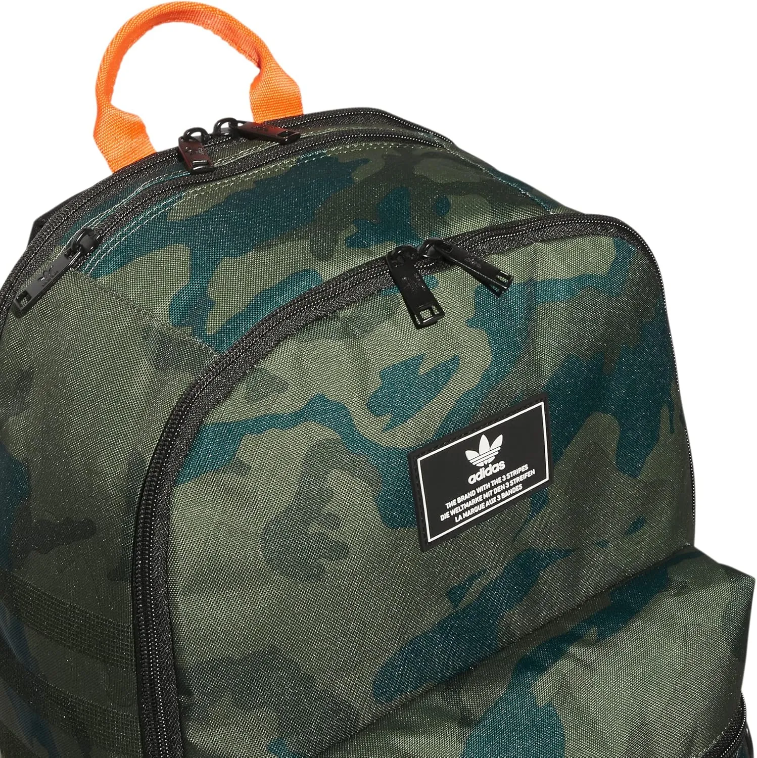 adidas Originals National 3.0 Backpack, Classic Camo Olive Cargo/Black/Impact Orange, One Size