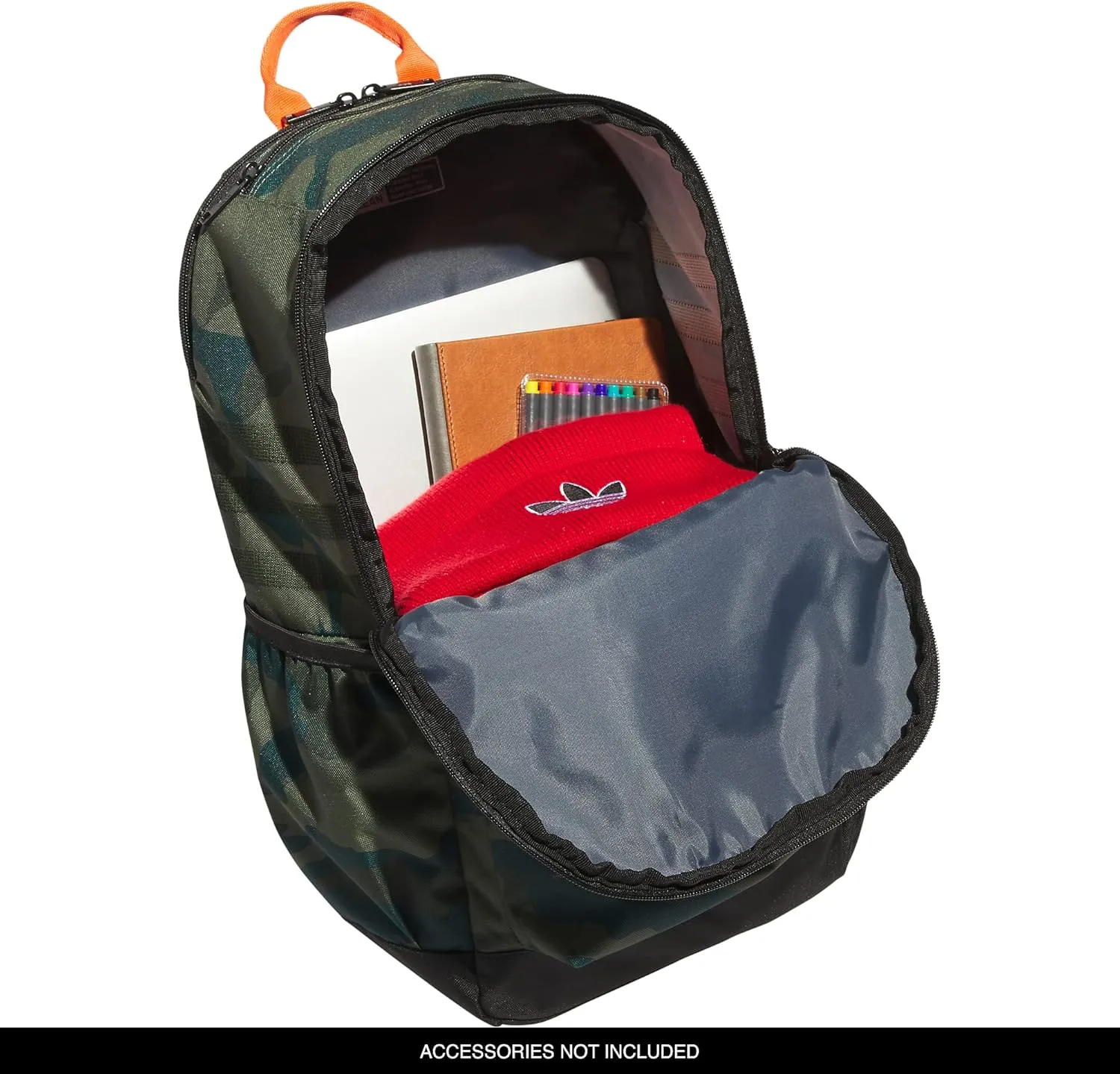adidas Originals National 3.0 Backpack, Classic Camo Olive Cargo/Black/Impact Orange, One Size
