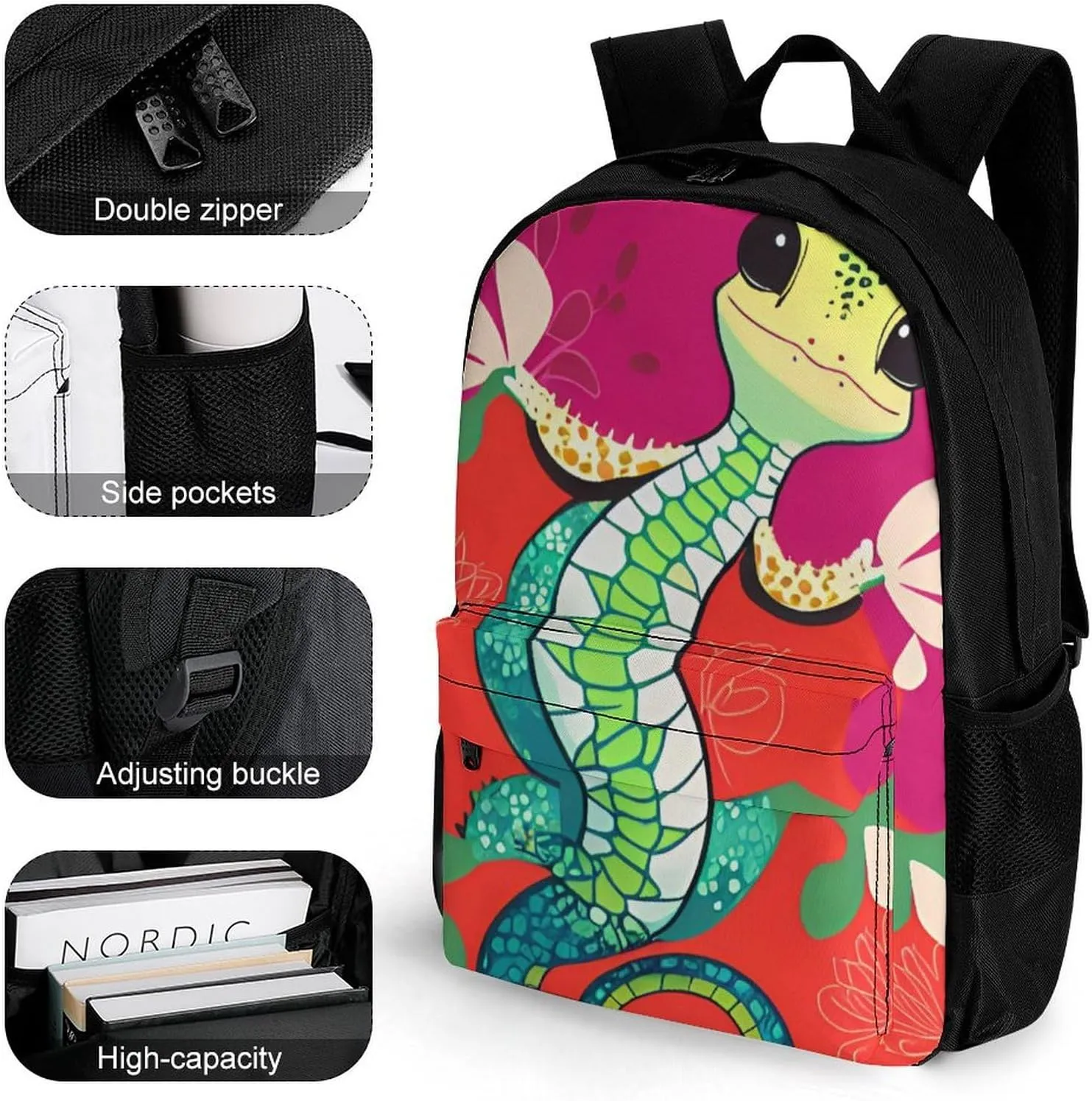 Adults Lightweight Cute Gecko Art Rucksacks Large Capacity Bookbag With Adjustable Shoulder Straps for Trekking Outdoors Bicycle
