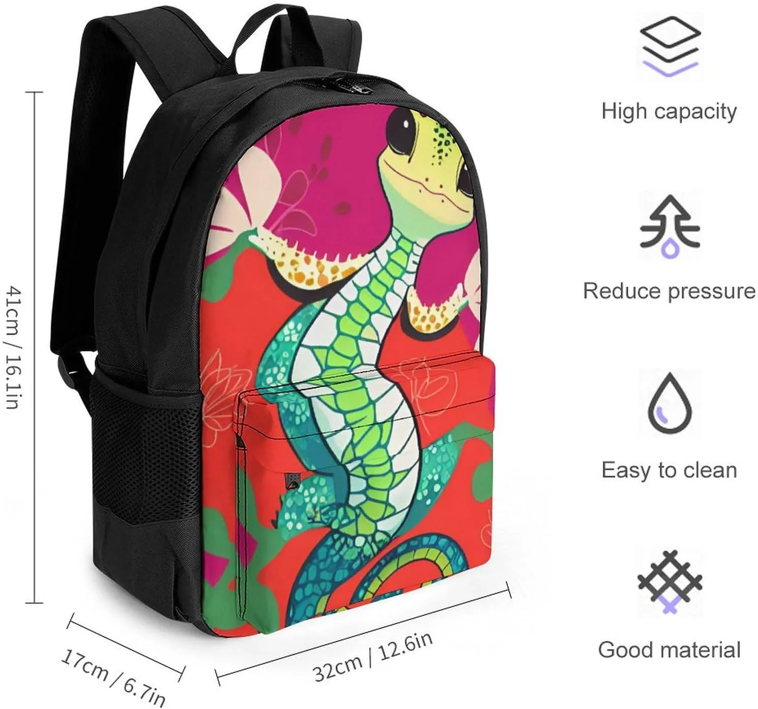 Adults Lightweight Cute Gecko Art Rucksacks Large Capacity Bookbag With Adjustable Shoulder Straps for Trekking Outdoors Bicycle