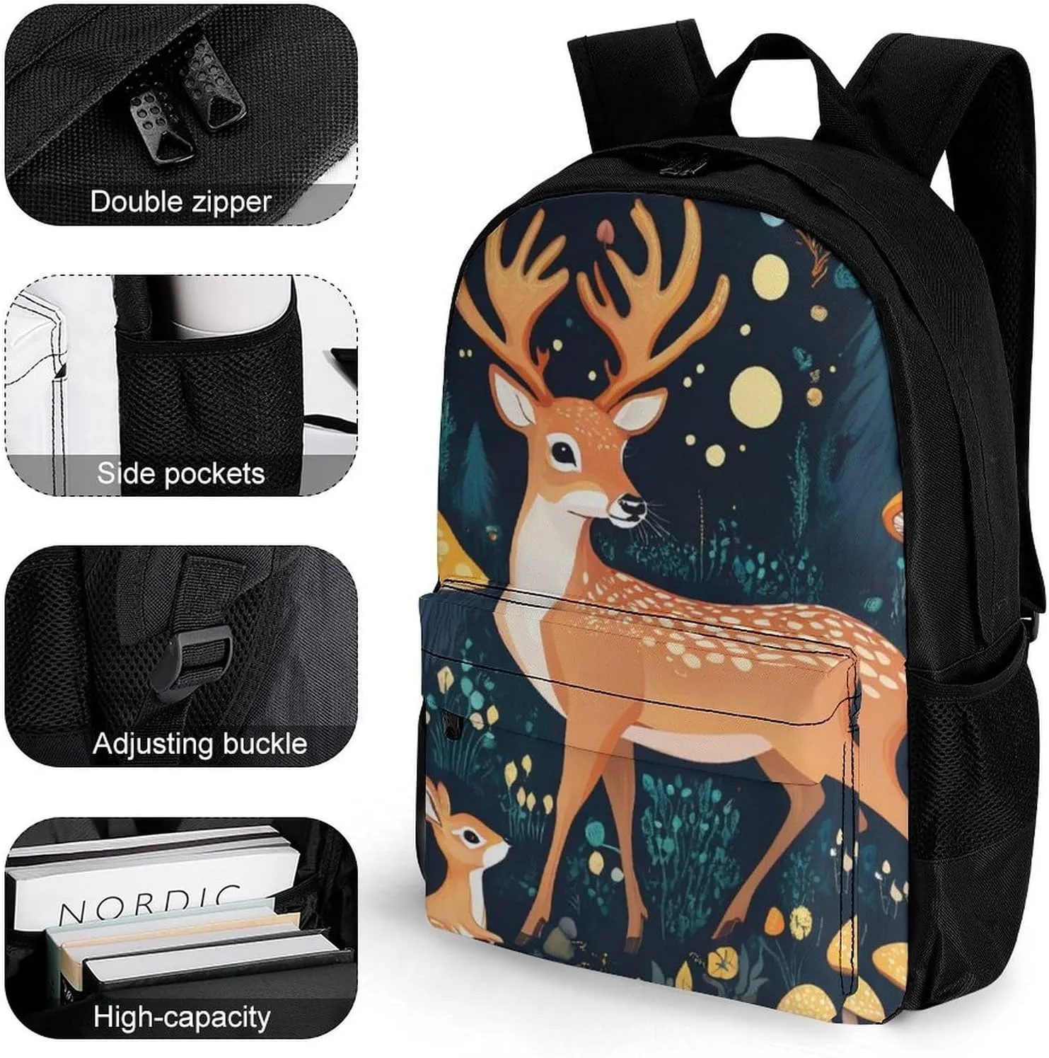 Adults Lightweight Magic Mushrooms Wild Animals Deer Rucksacks Large Capacity Bookbag With Adjustable Shoulder Straps for Trekking Outdoors Bicycle
