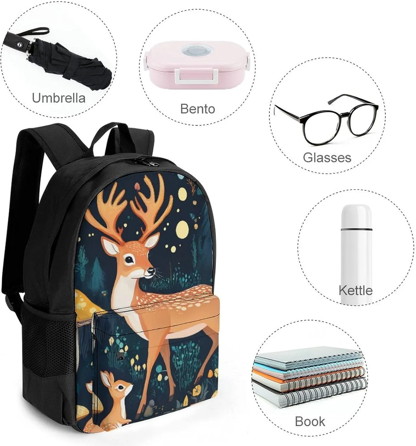 Adults Lightweight Magic Mushrooms Wild Animals Deer Rucksacks Large Capacity Bookbag With Adjustable Shoulder Straps for Trekking Outdoors Bicycle
