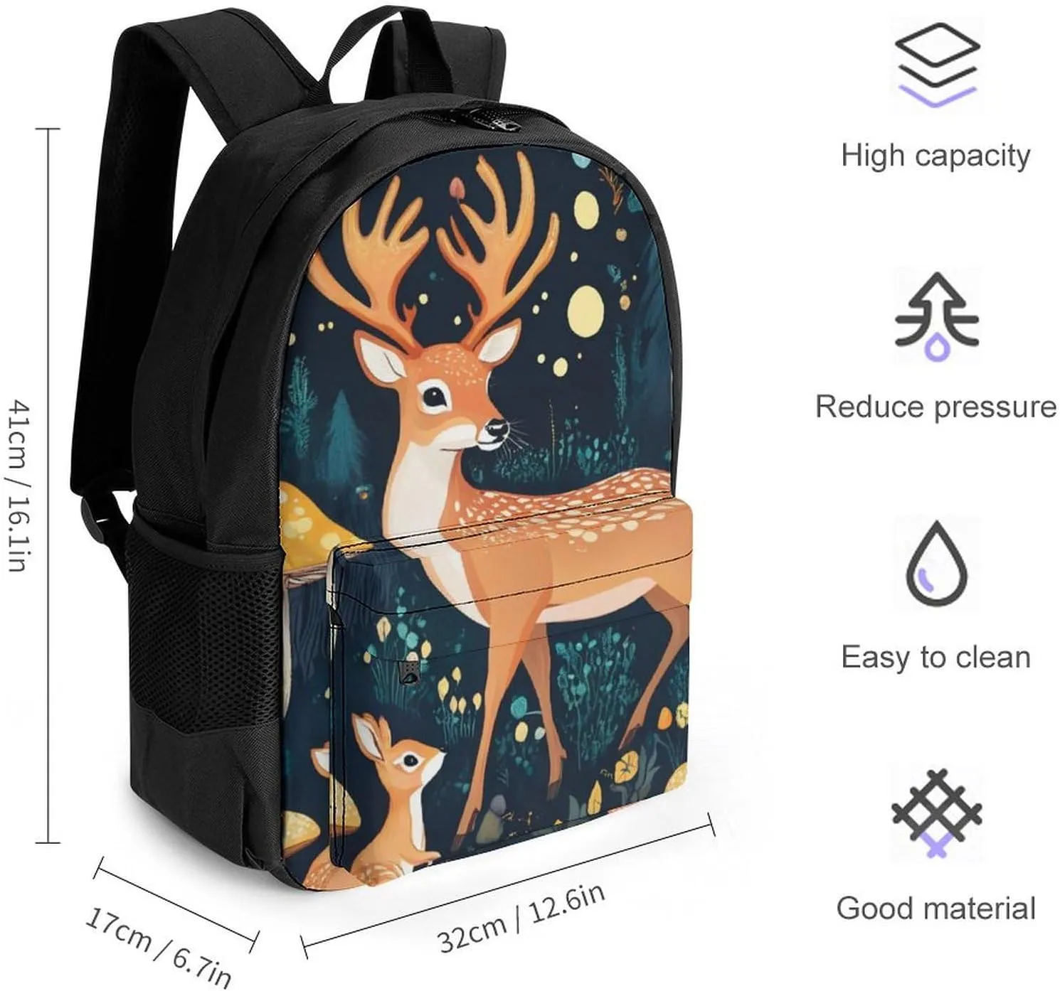 Adults Lightweight Magic Mushrooms Wild Animals Deer Rucksacks Large Capacity Bookbag With Adjustable Shoulder Straps for Trekking Outdoors Bicycle