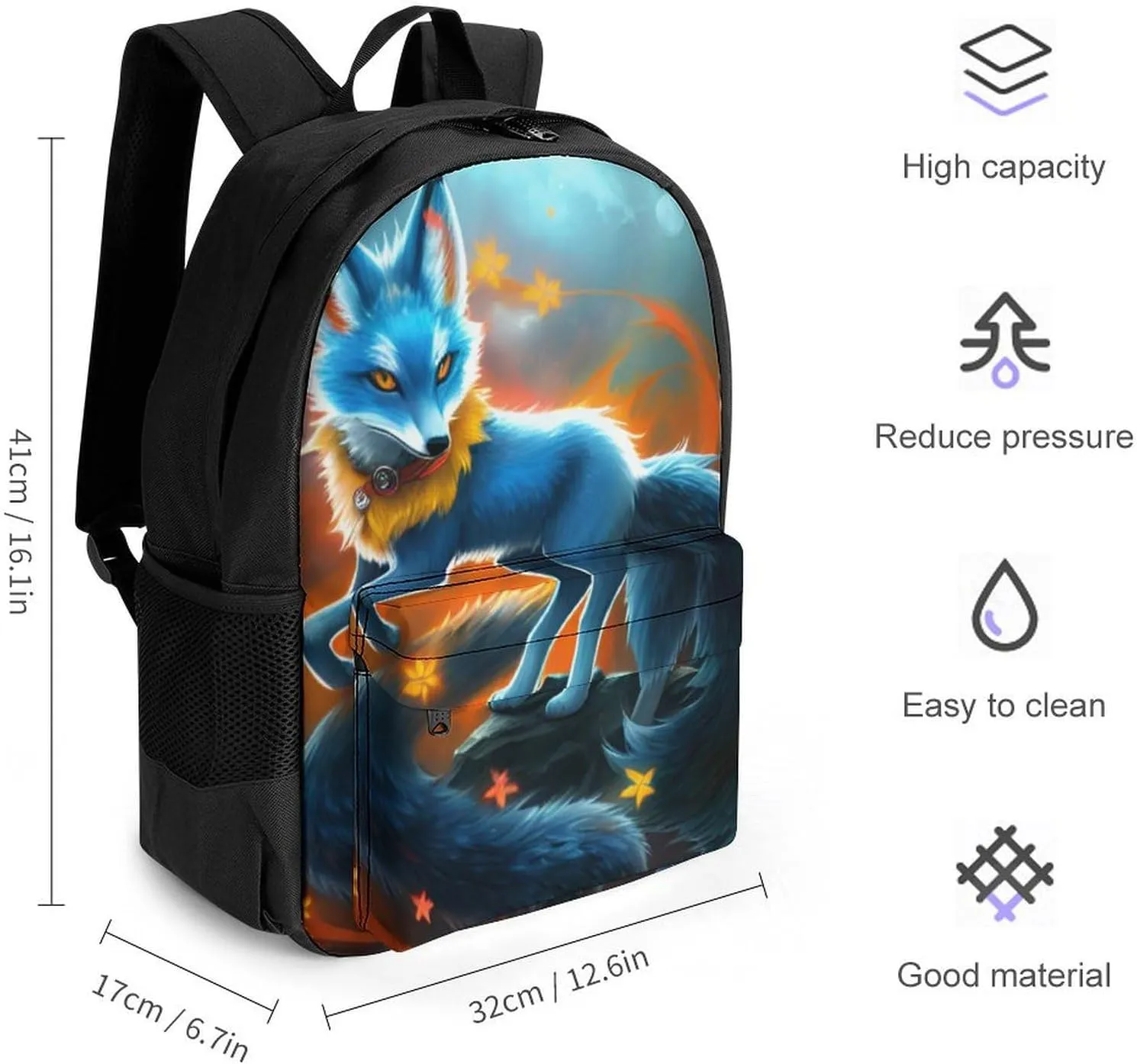 Adults Lightweight Mythical Creature Kitsune Fox Art Rucksacks Large Capacity Bookbag With Adjustable Shoulder Straps for Trekking Outdoors Bicycle