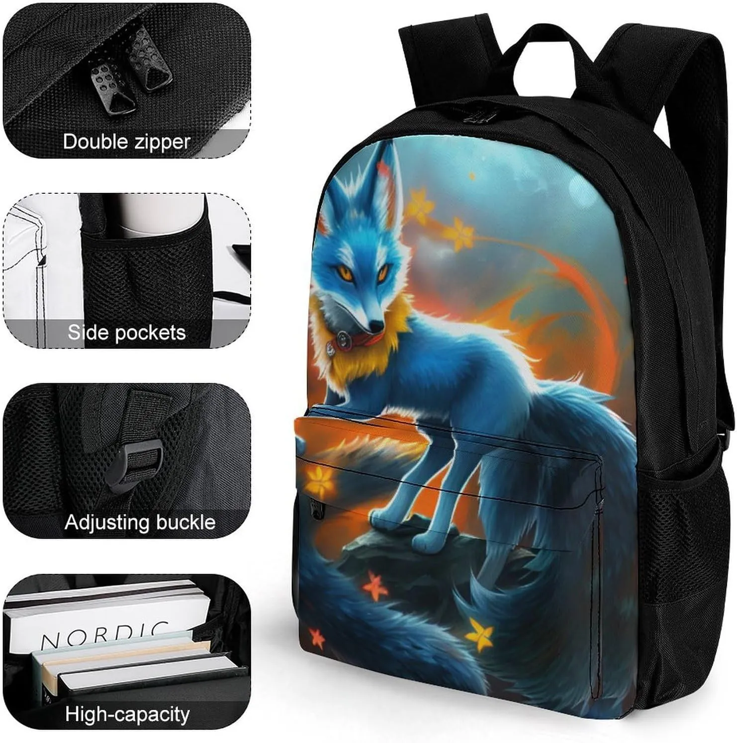 Adults Lightweight Mythical Creature Kitsune Fox Art Rucksacks Large Capacity Bookbag With Adjustable Shoulder Straps for Trekking Outdoors Bicycle