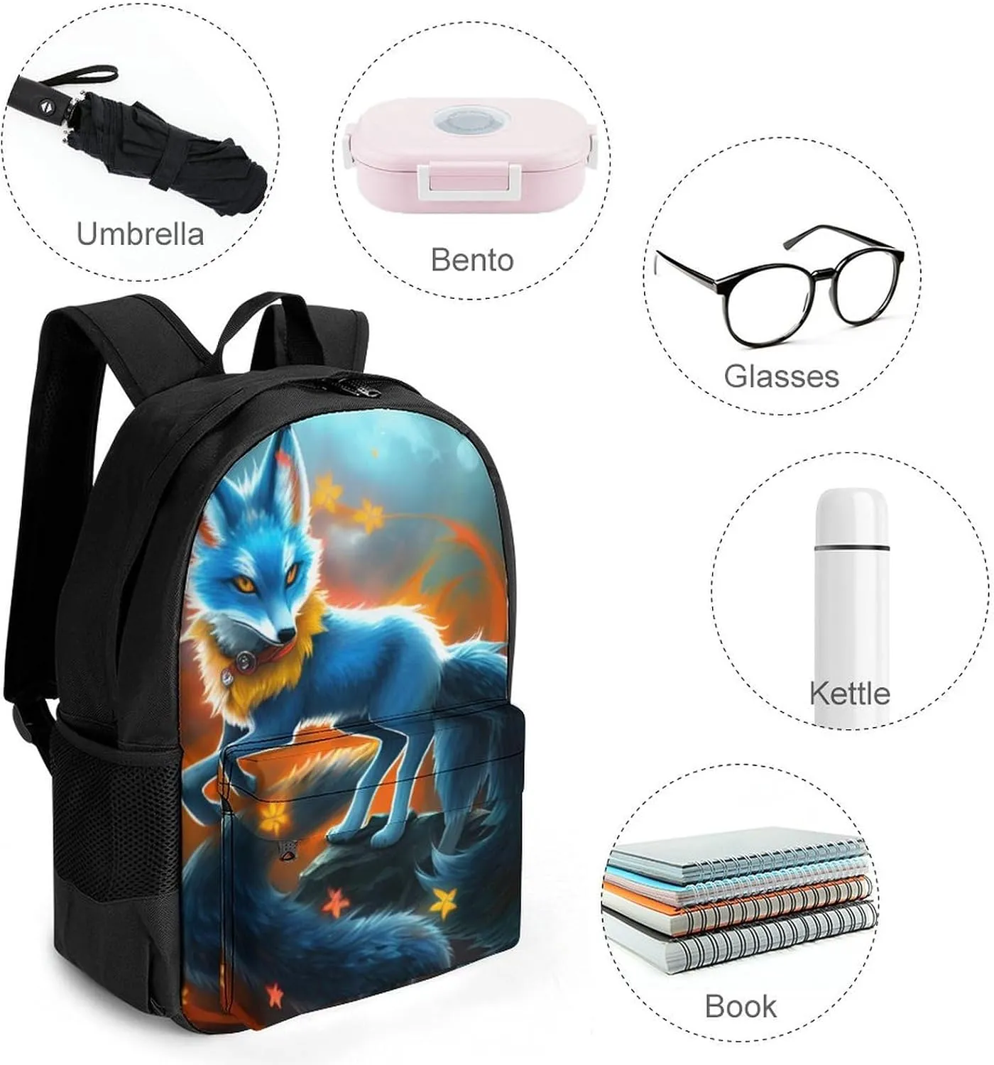 Adults Lightweight Mythical Creature Kitsune Fox Art Rucksacks Large Capacity Bookbag With Adjustable Shoulder Straps for Trekking Outdoors Bicycle