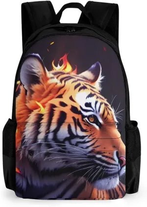 Adults Lightweight Wild And Angry Tiger Fire Flame Brave Mammal King Roar Art Rucksacks Large Capacity Bookbag With Adjustable Shoulder Straps for Trekking Outdoors Bicycle