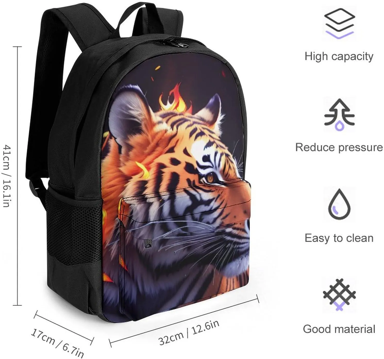 Adults Lightweight Wild And Angry Tiger Fire Flame Brave Mammal King Roar Art Rucksacks Large Capacity Bookbag With Adjustable Shoulder Straps for Trekking Outdoors Bicycle