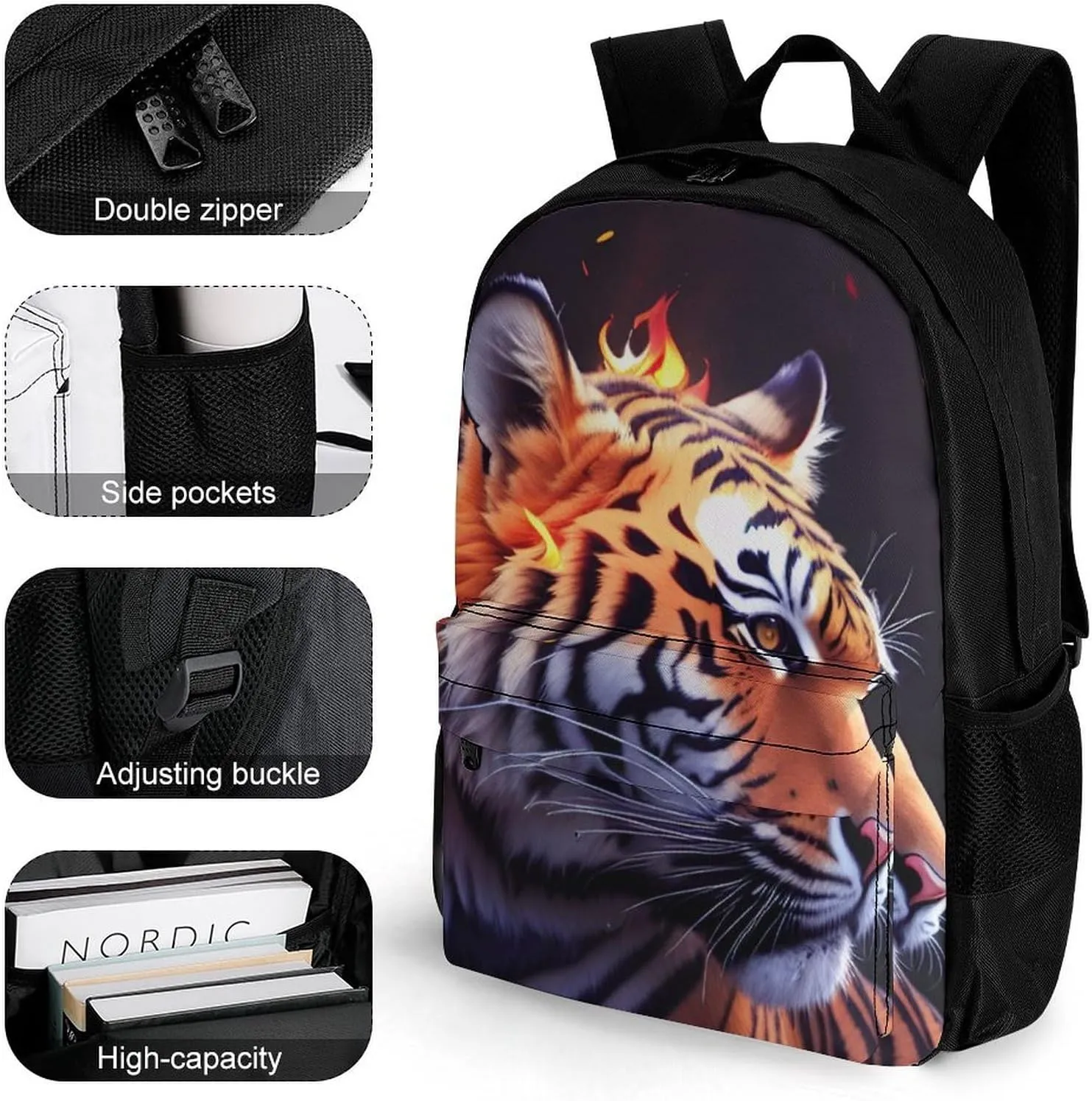 Adults Lightweight Wild And Angry Tiger Fire Flame Brave Mammal King Roar Art Rucksacks Large Capacity Bookbag With Adjustable Shoulder Straps for Trekking Outdoors Bicycle