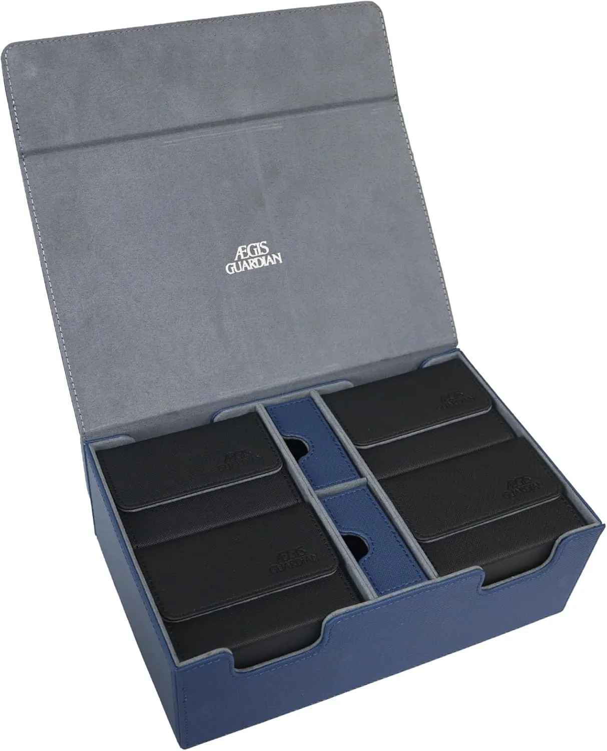 AEGIS GUARDIAN Commander Deck Box Hold 600  Sleeved Cards, Card Deck Box with 2 Dice Tray Fit for TCG MTG CCG, Holds up to 4 Card Storage Boxes, PU Leather Strong Magnet, Blue and Grey