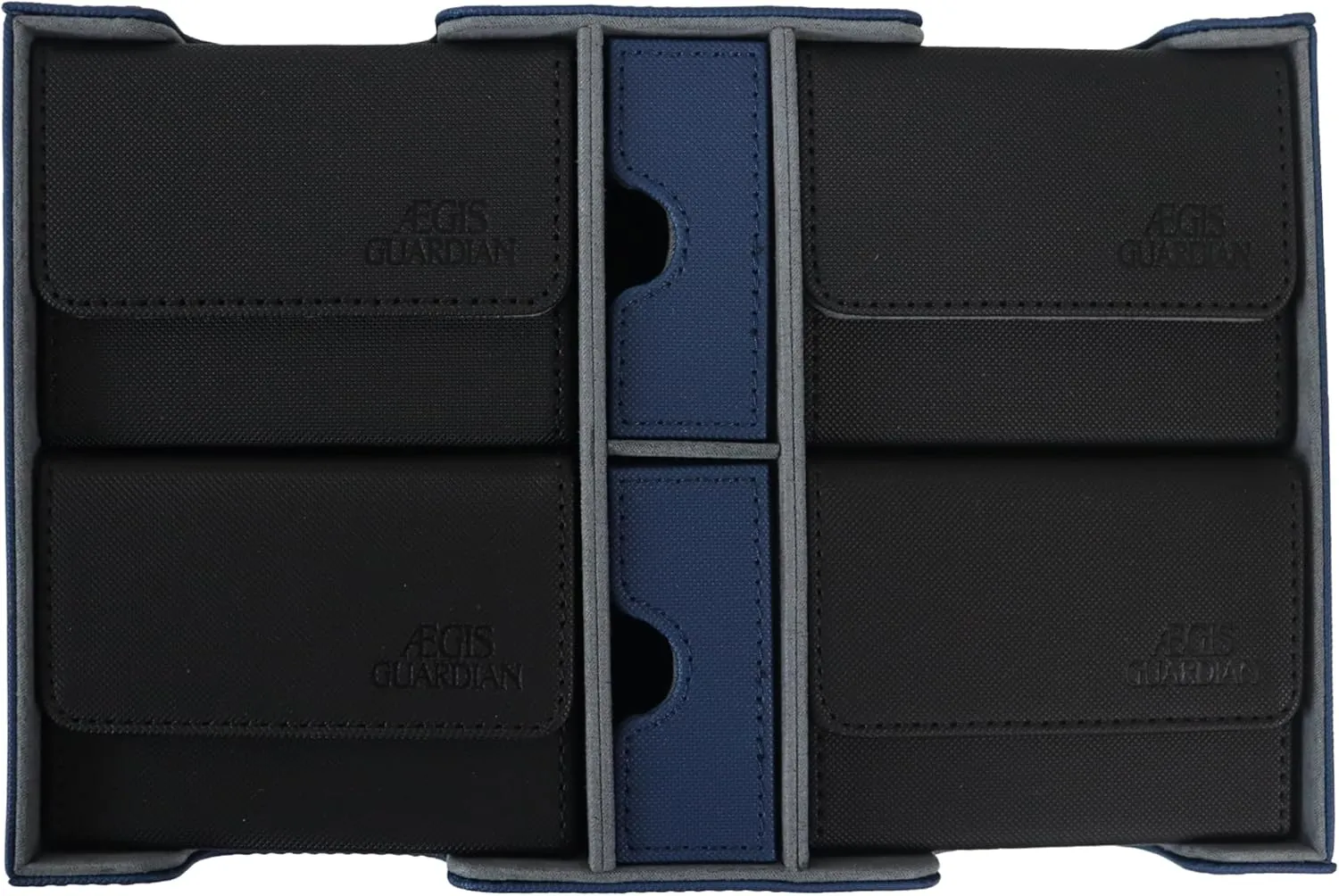 AEGIS GUARDIAN Commander Deck Box Hold 600  Sleeved Cards, Card Deck Box with 2 Dice Tray Fit for TCG MTG CCG, Holds up to 4 Card Storage Boxes, PU Leather Strong Magnet, Blue and Grey