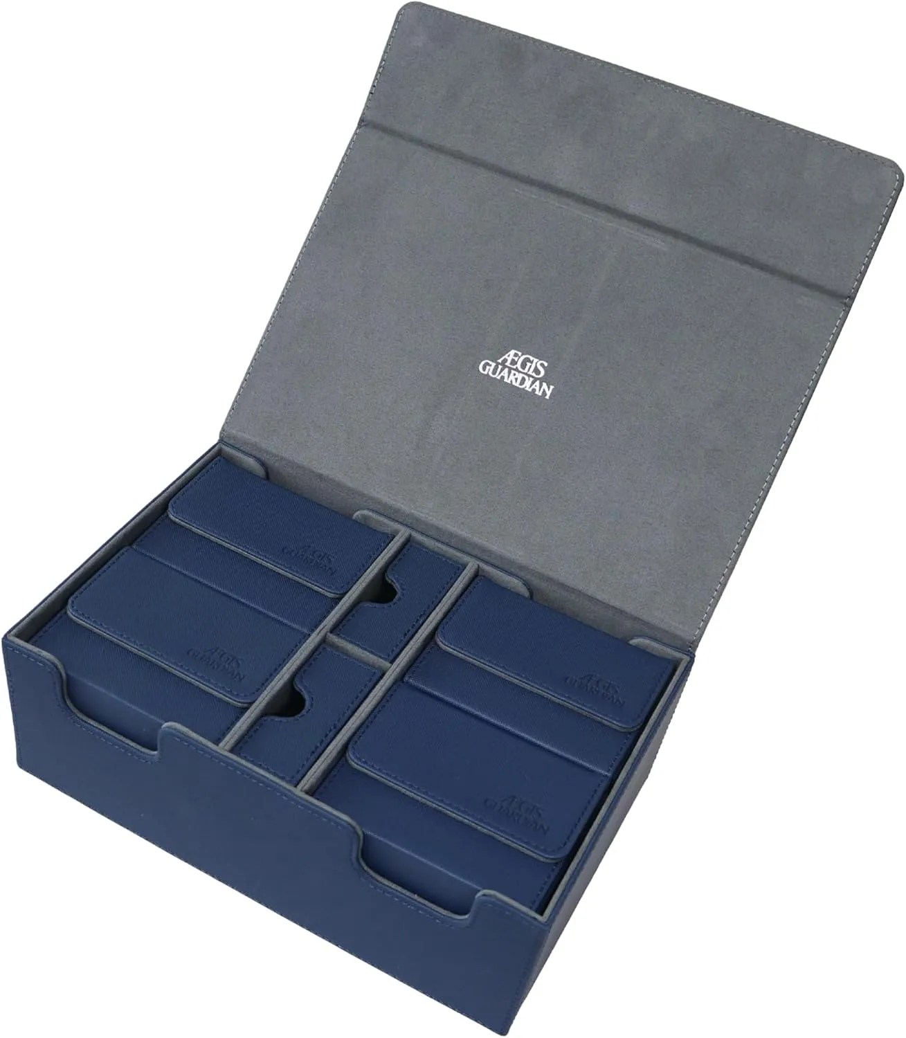 AEGIS GUARDIAN Commander Deck Box Hold 600  Sleeved Cards, Card Deck Box with 2 Dice Tray Fit for TCG MTG CCG, Holds up to 4 Card Storage Boxes, PU Leather Strong Magnet, Blue and Grey