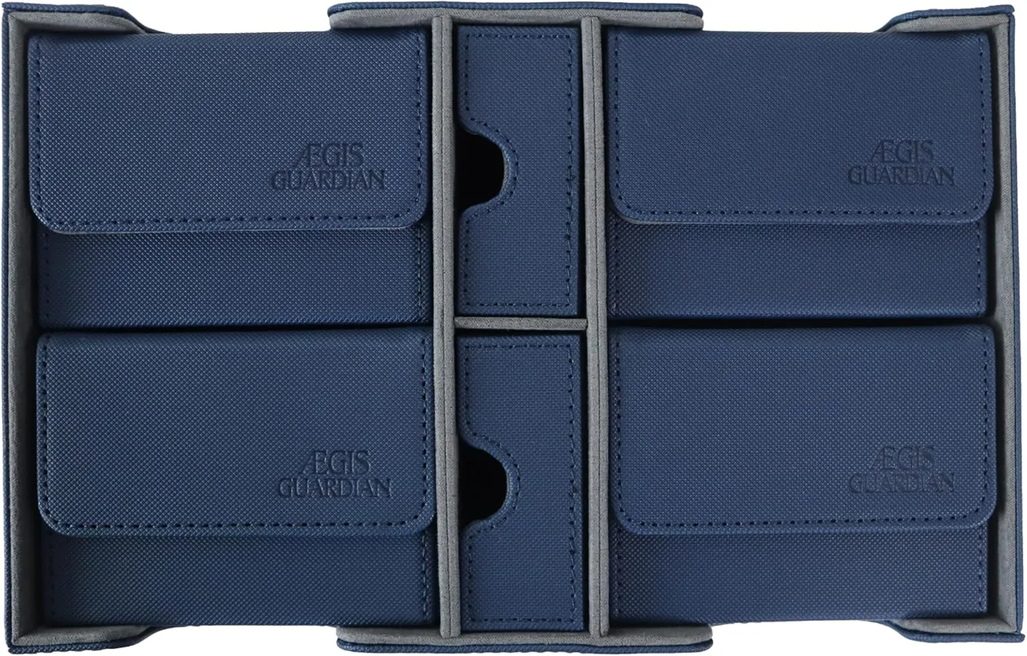 AEGIS GUARDIAN Commander Deck Box Hold 600  Sleeved Cards, Card Deck Box with 2 Dice Tray Fit for TCG MTG CCG, Holds up to 4 Card Storage Boxes, PU Leather Strong Magnet, Blue and Grey