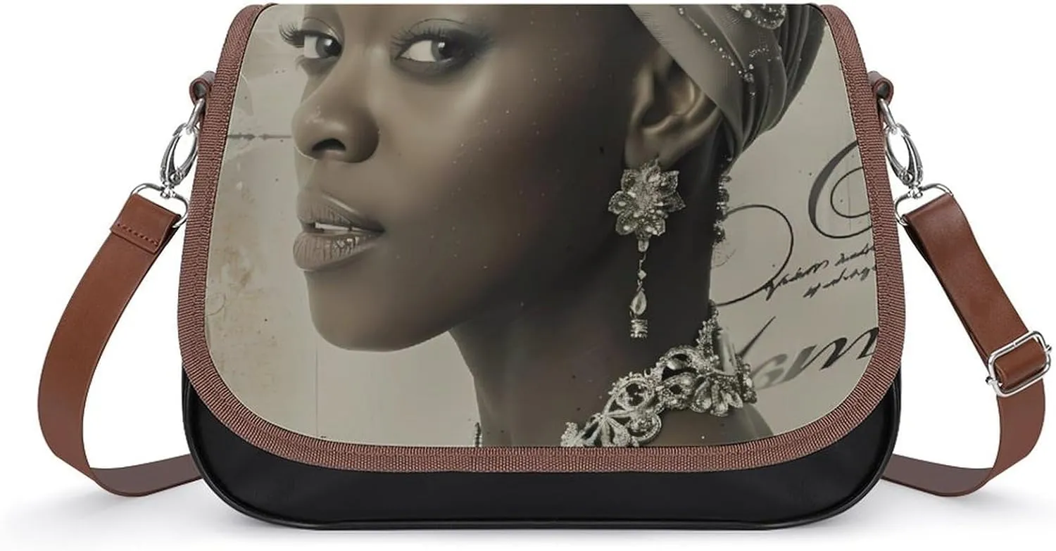 African American Black And Silver Woman Women's Crossbody Bags PU Leather Shoulder Bag Handbag Purse Messenger Bag with Shoulder Strap