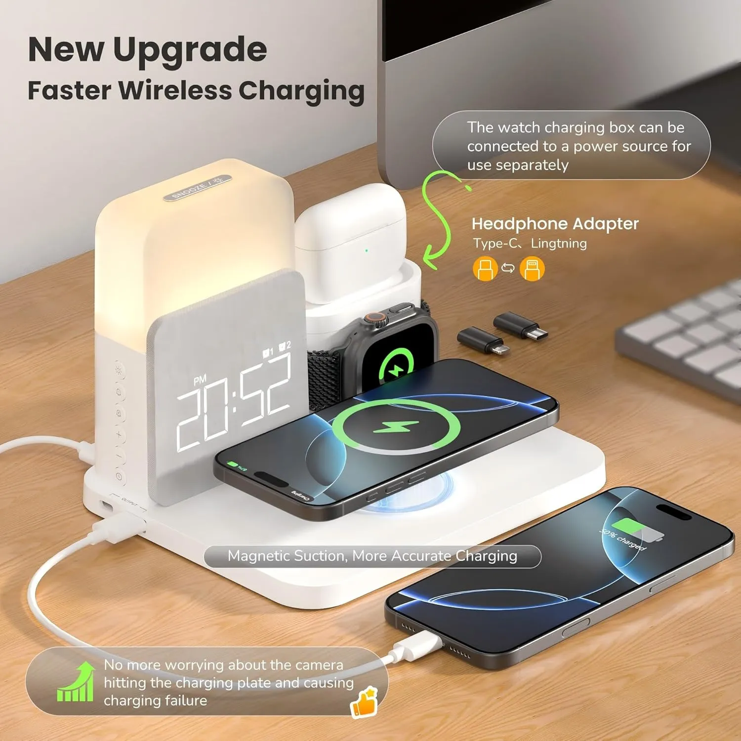 Alarm Clock with Wireless Charger for Bedrooms, 7 in 1 Wireless Charging Station, Mag-Safe Charger with Night Light Bedside Clock for iPhone 16 15 14 13 12 Pro Max, Apple Watch, AirPods