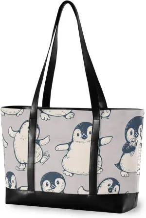 ALAZA Cute Penguins Laptop Tote Bag,Fits 15.6 Inch Laptop,Womens Lightweight Canvas Leather Tote Bag Shoulder Bag