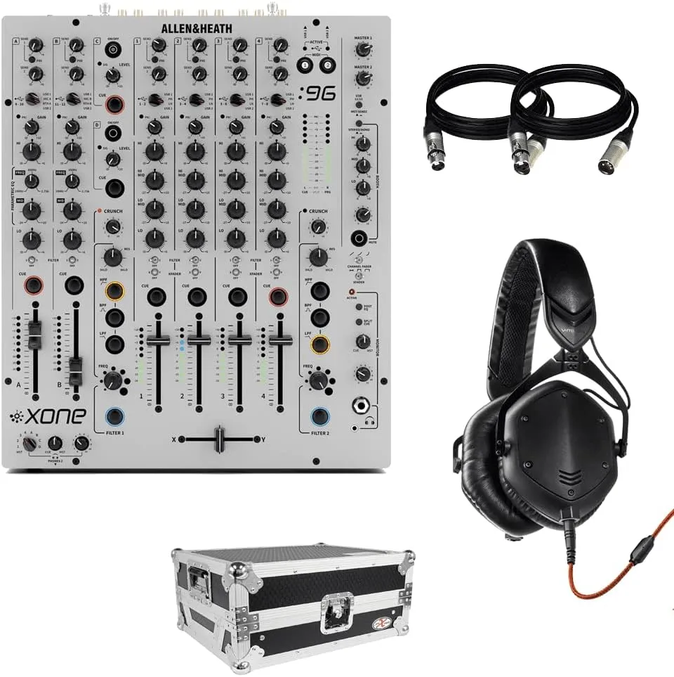 Allen & Heath XONE:96 Professional 6-Channel Analog DJ Mixer   Prox XS-M12LT Large Format 12″ DJ Mixer Case with Laptop Shelf   V-Moda Crossfade M-100 Headphones (Matte Black) and Cables