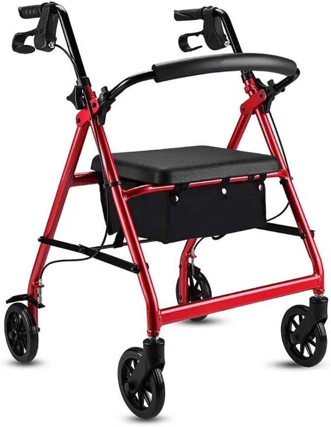 Aluminum Foldable Walking Mobility Aid,Rollator,Shopping Trolley with Seat and Handbrake,for Elderly Adult Walking e (Blue) Decoration (Red)
