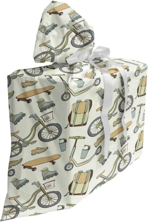 Ambesonne Hipster Gift Bag, Wheeled Sports Equipment Skateboard Bike Urban Quirky Sports Youth Illustration, Fabric Party Favor Pouch with 3 Ribbons, 27, Tan Slate Blue