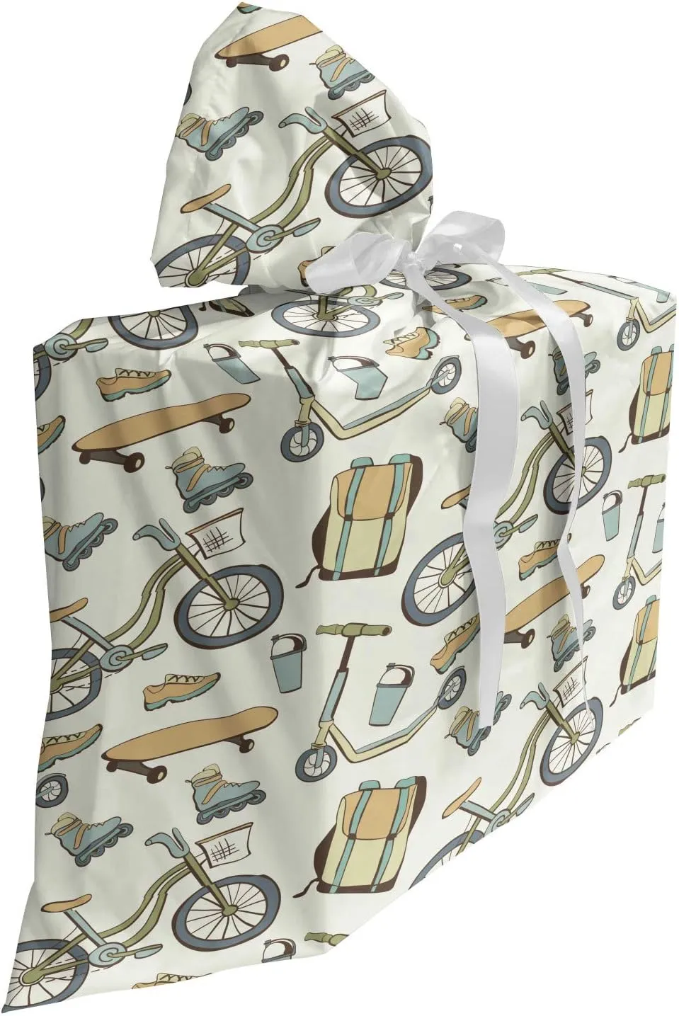 Ambesonne Hipster Gift Bag, Wheeled Sports Equipment Skateboard Bike Urban Quirky Sports Youth Illustration, Fabric Party Favor Pouch with 3 Ribbons, 27, Tan Slate Blue