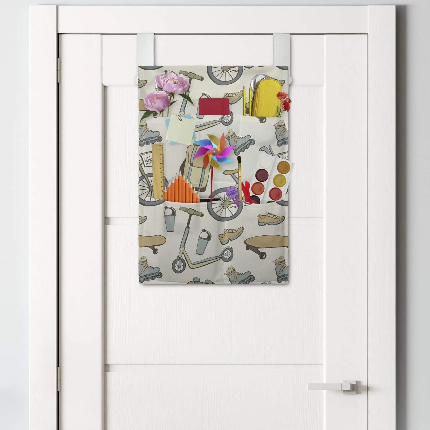 Ambesonne Hipster Hanging Pocket Organizer, Wheeled Sports Equipment Skateboard Bike Urban Quirky Sports Youth Illustration, Printed Polyester Storage Bag with Pockets, 14" x 20", Tan Slate Blue