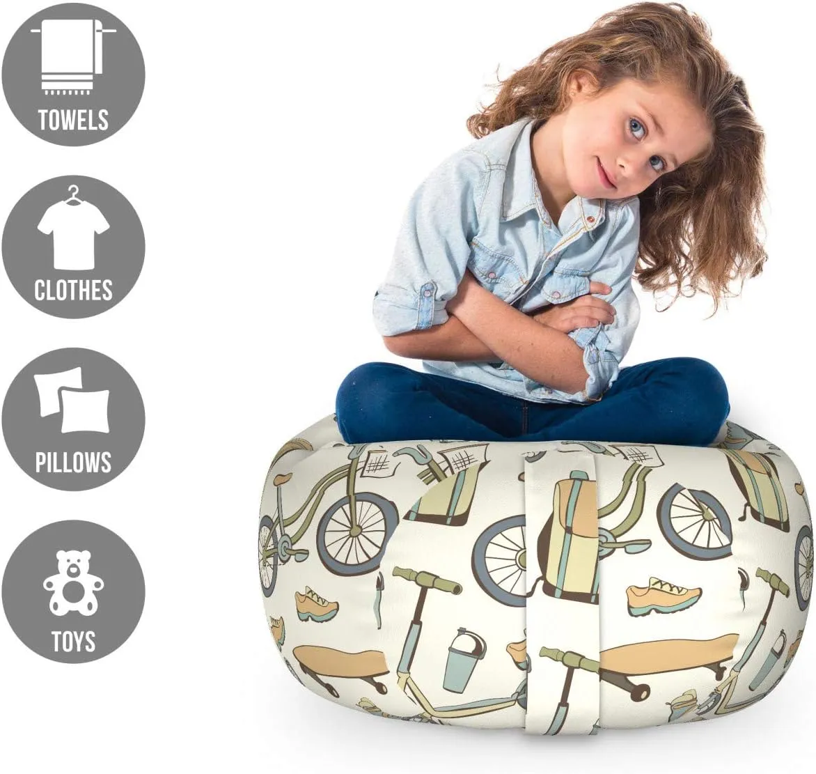 Ambesonne Hipster Storage Toy Bag Chair, Wheeled Sports Equipment Skateboard Bike Urban Quirky Sports Youth Illustration, Stuffed Animal Organizer Washable Bag, Small Size, Tan Slate Blue