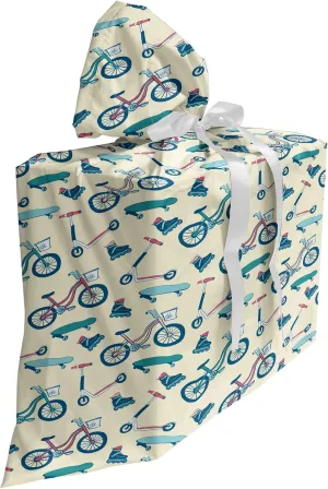 Ambesonne Sport Gift Bag, Bicycles Skates Boards Wheeled Physical Activity Equipment Lifestyle Pattern, Fabric Party Favor Pouch with 3 Ribbons, 27, Blue Coral Beige
