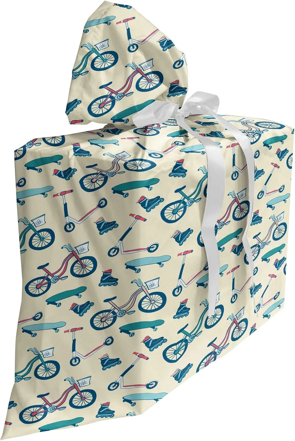 Ambesonne Sport Gift Bag, Bicycles Skates Boards Wheeled Physical Activity Equipment Lifestyle Pattern, Fabric Party Favor Pouch with 3 Ribbons, 27, Blue Coral Beige