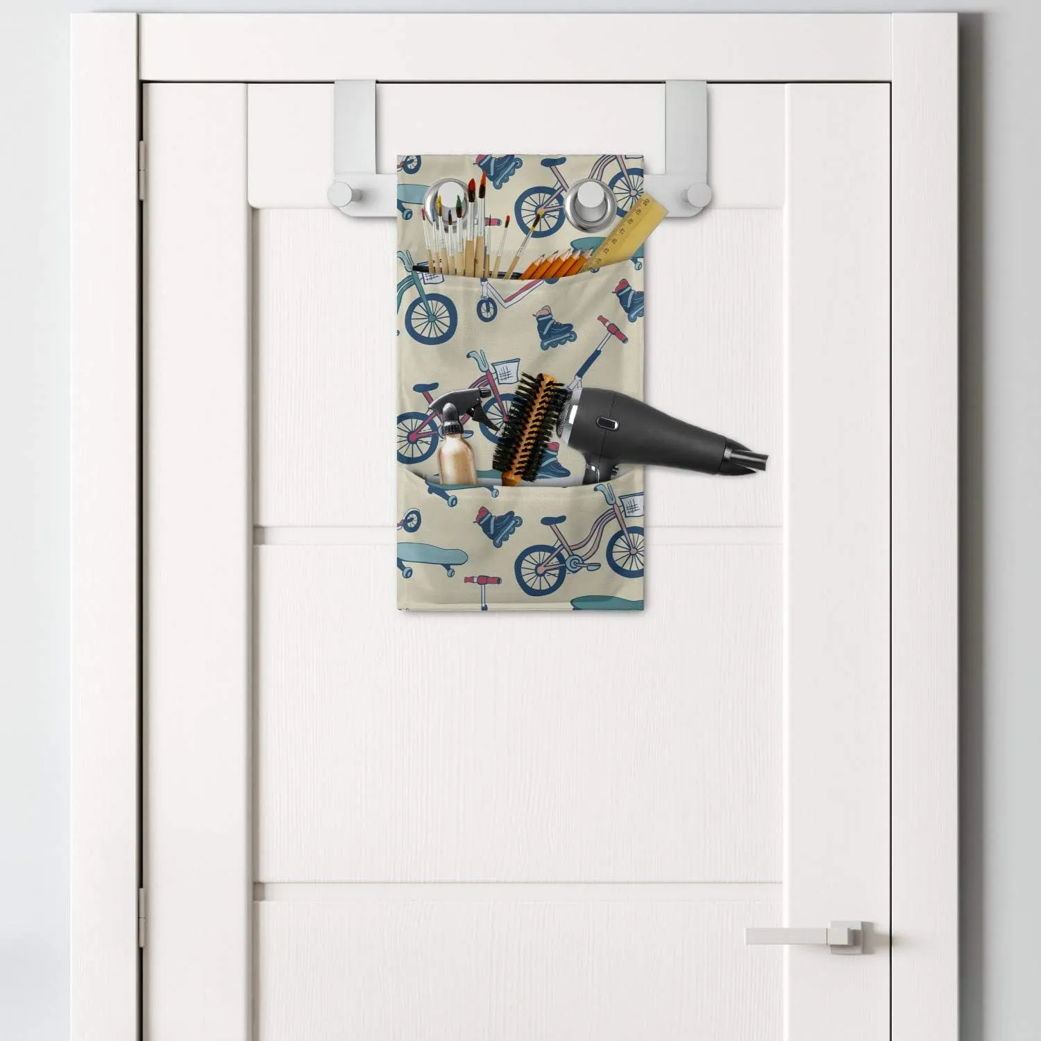 Ambesonne Sport Hanging Pocket Organizer, Bicycles Skates Boards Wheeled Physical Activity Equipment Lifestyle Pattern, Printed Polyester Storage Bag with Pockets, 9" x 16", Blue Coral Beige