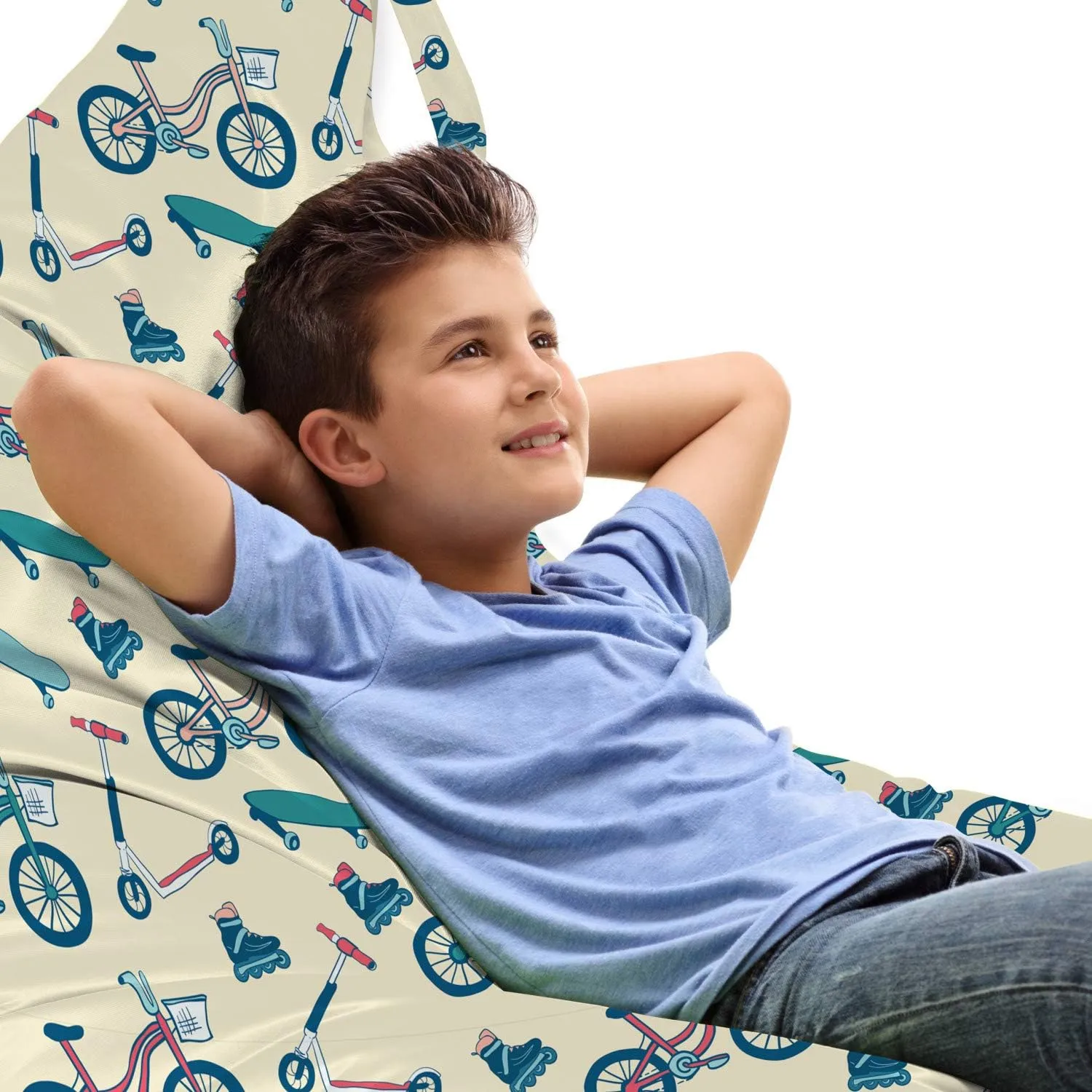 Ambesonne Sport Lounger Chair Bag, Bicycles Skates Boards Wheeled Physical Activity Equipment Lifestyle Pattern, High Capacity Storage with Handle Container, Lounger Size, Blue Coral Beige