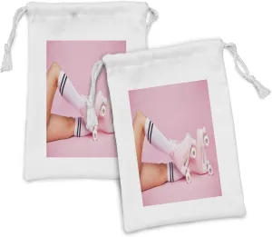 Ambesonne Summer Pink Fabric Pouch Set of 2, Cropped Image of Feet Wearing Retro Style Four-wheeled Skates Art Print, Small Drawstring Bag for Toiletries Masks and Favors, 9" x 6", Multicolor