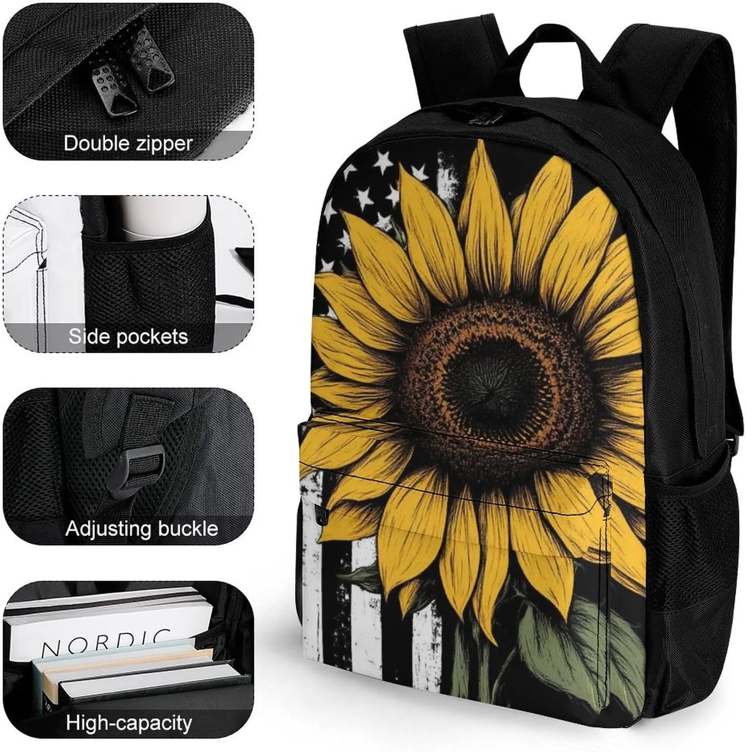 American Thin Black Line Flag Sunflower Art Rucksack Polyester Anti-Theft Multipurpose Bookbag Big Capacity Travel and Sport Backpack Rucksack With Side Pockets