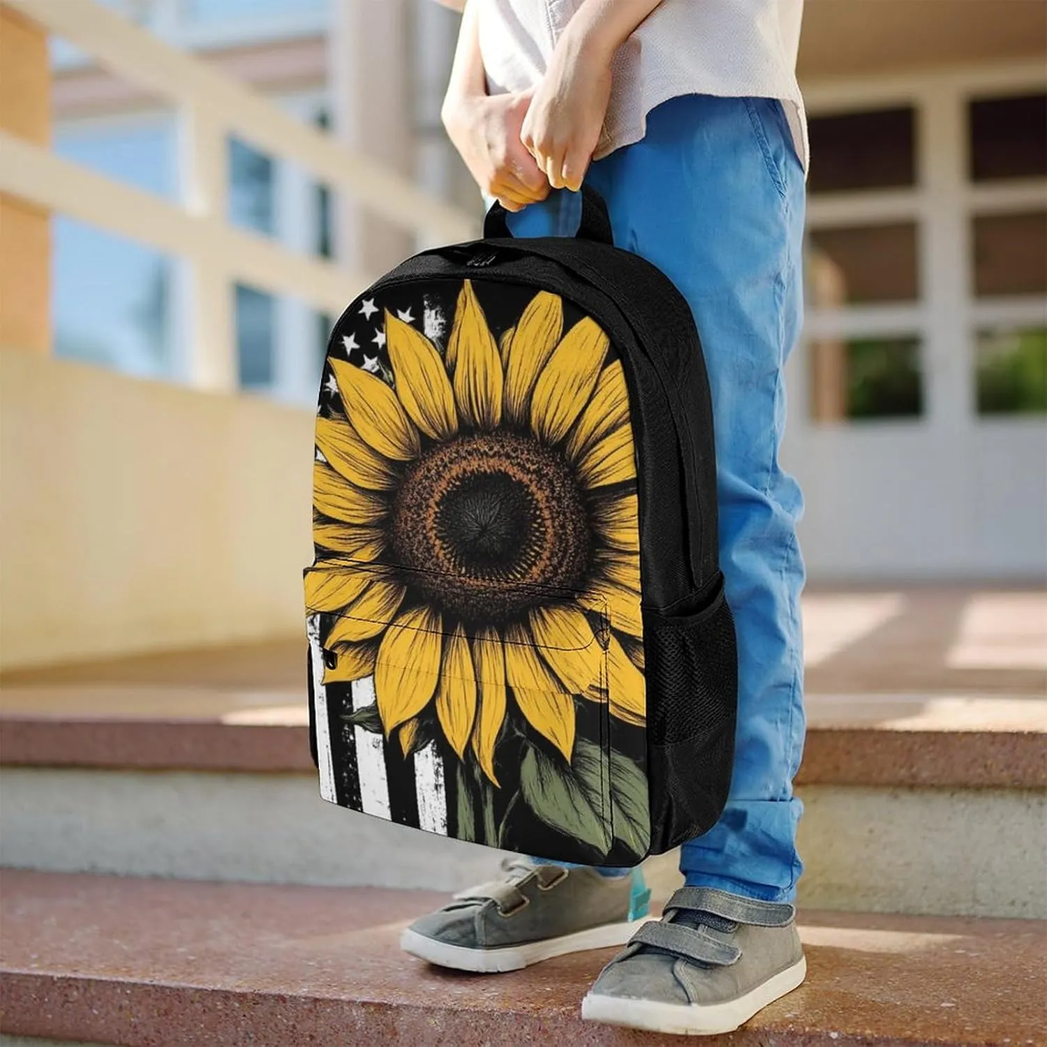 American Thin Black Line Flag Sunflower Art Rucksack Polyester Anti-Theft Multipurpose Bookbag Big Capacity Travel and Sport Backpack Rucksack With Side Pockets