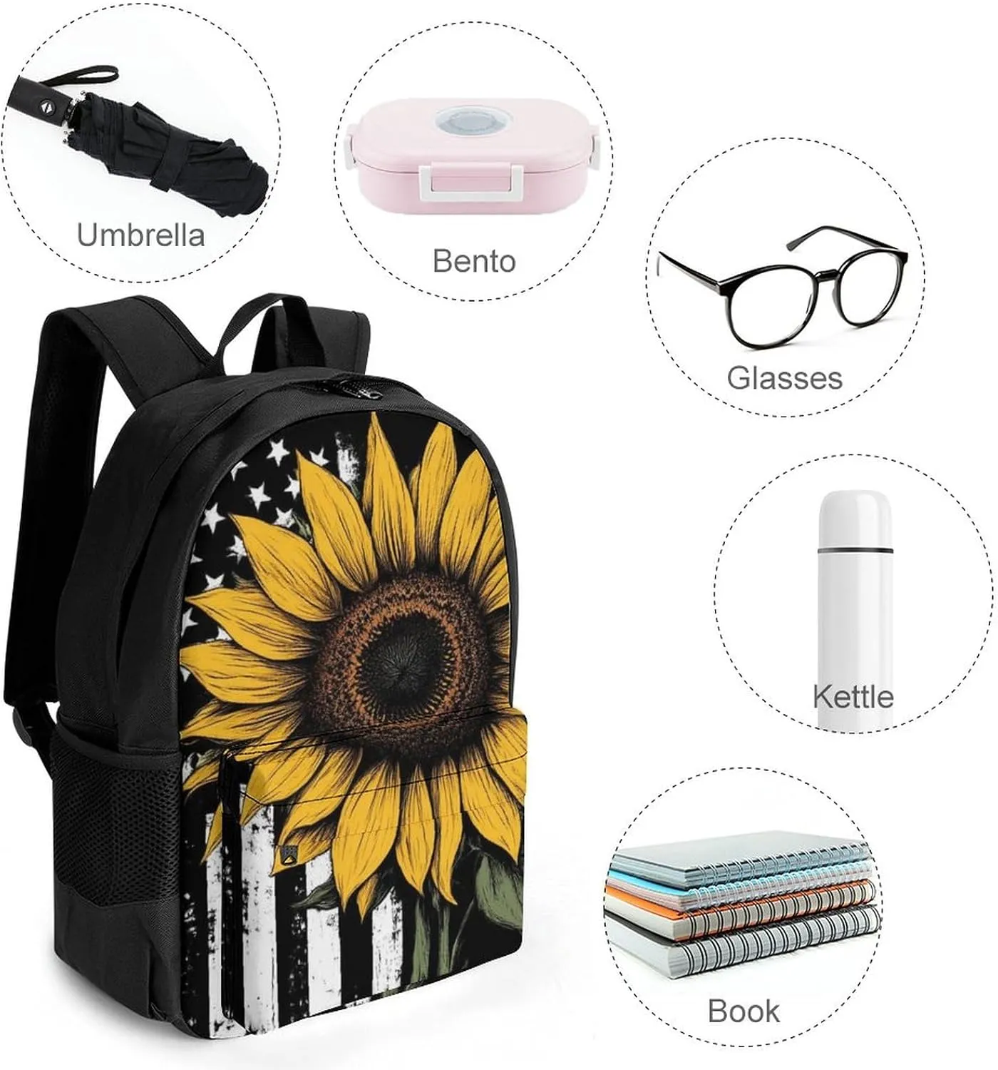 American Thin Black Line Flag Sunflower Art Rucksack Polyester Anti-Theft Multipurpose Bookbag Big Capacity Travel and Sport Backpack Rucksack With Side Pockets