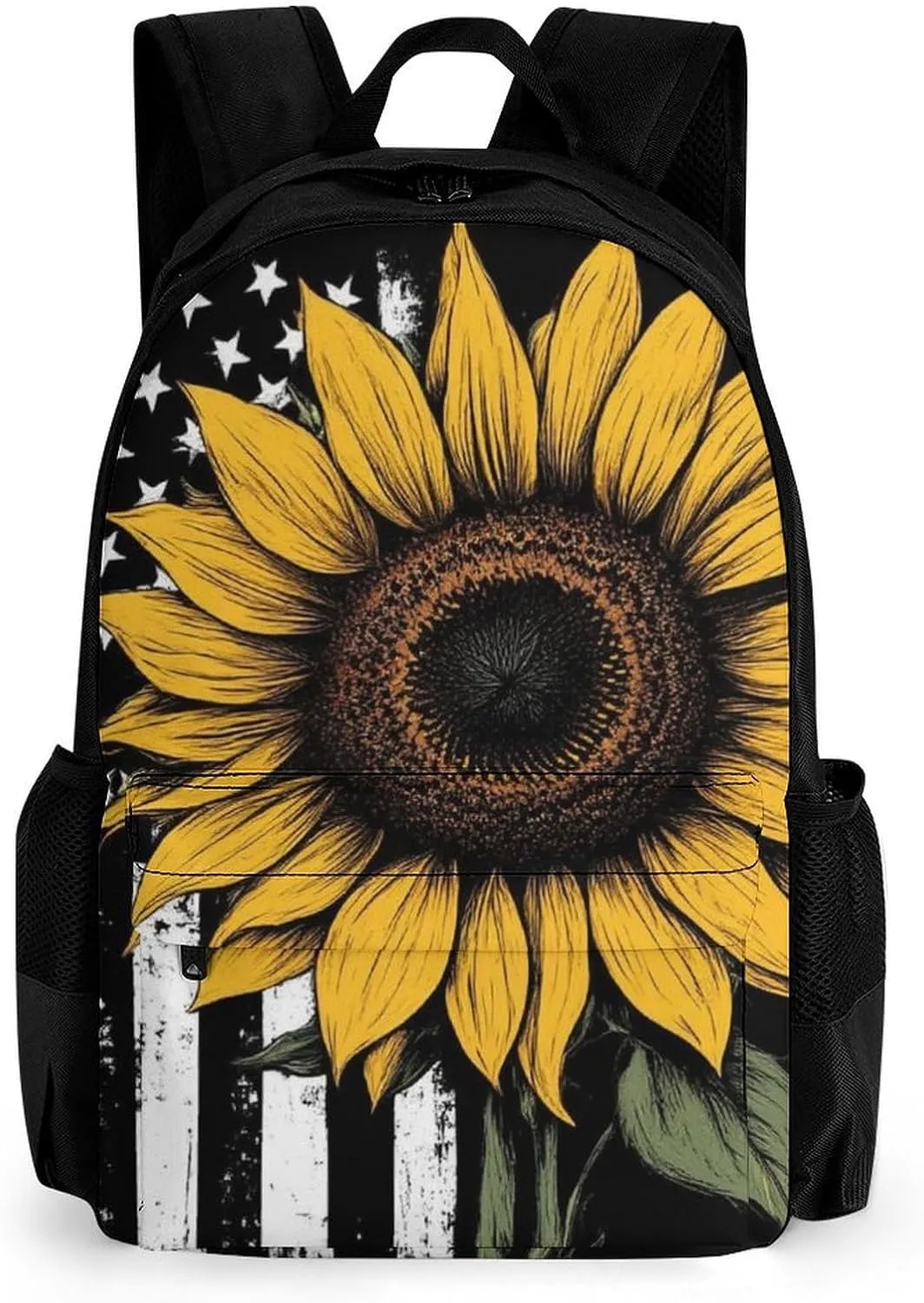 American Thin Black Line Flag Sunflower Art Rucksack Polyester Anti-Theft Multipurpose Bookbag Big Capacity Travel and Sport Backpack Rucksack With Side Pockets