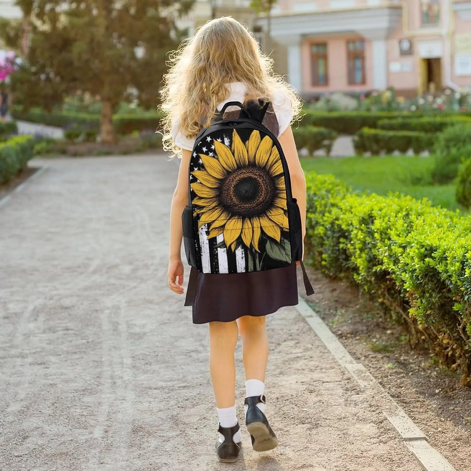 American Thin Black Line Flag Sunflower Art Rucksack Polyester Anti-Theft Multipurpose Bookbag Big Capacity Travel and Sport Backpack Rucksack With Side Pockets