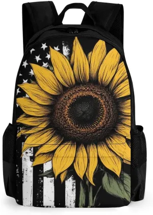 American Thin Black Line Flag Sunflower Art Rucksack Polyester Anti-Theft Multipurpose Bookbag Big Capacity Travel and Sport Backpack Rucksack With Side Pockets