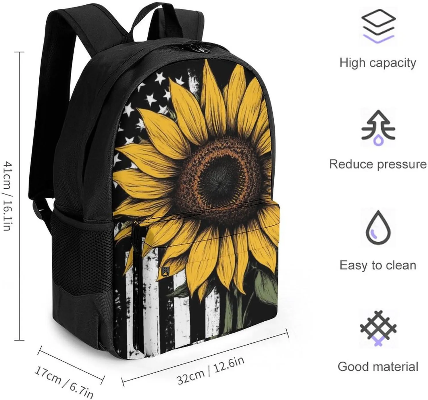 American Thin Black Line Flag Sunflower Art Rucksack Polyester Anti-Theft Multipurpose Bookbag Big Capacity Travel and Sport Backpack Rucksack With Side Pockets