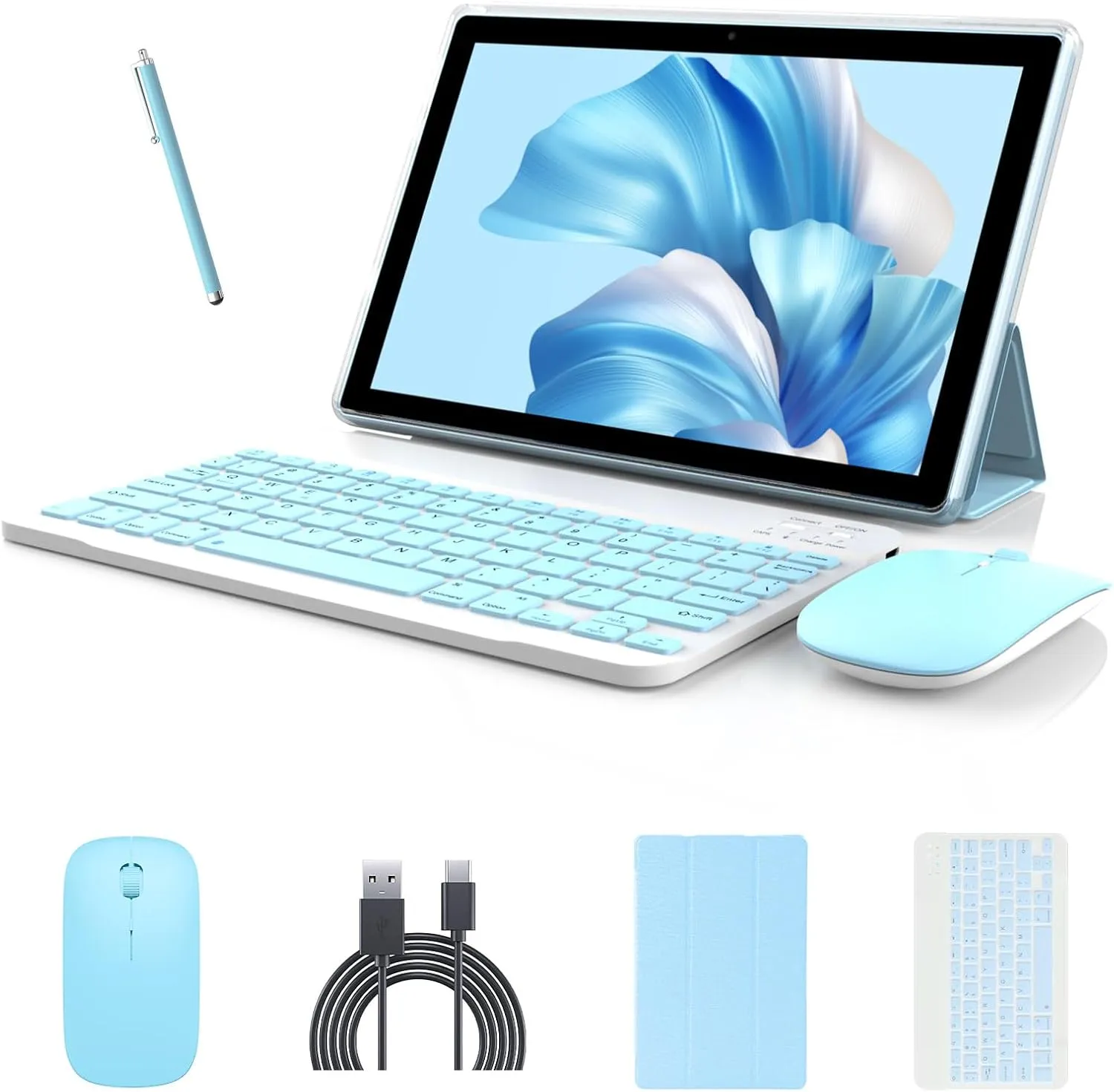 Android 14 Tablet, 10 inch 2 in 1 Tablets with Keyboard/ Case/ Mouse/ stylus, 8GB RAM 64GB ROM 1TB Expand Tablet, 1280*800 IPS Touch Screen Tablet Computer, 2.4G/5G WiFi 6 BT 5.0, Long Battery Life