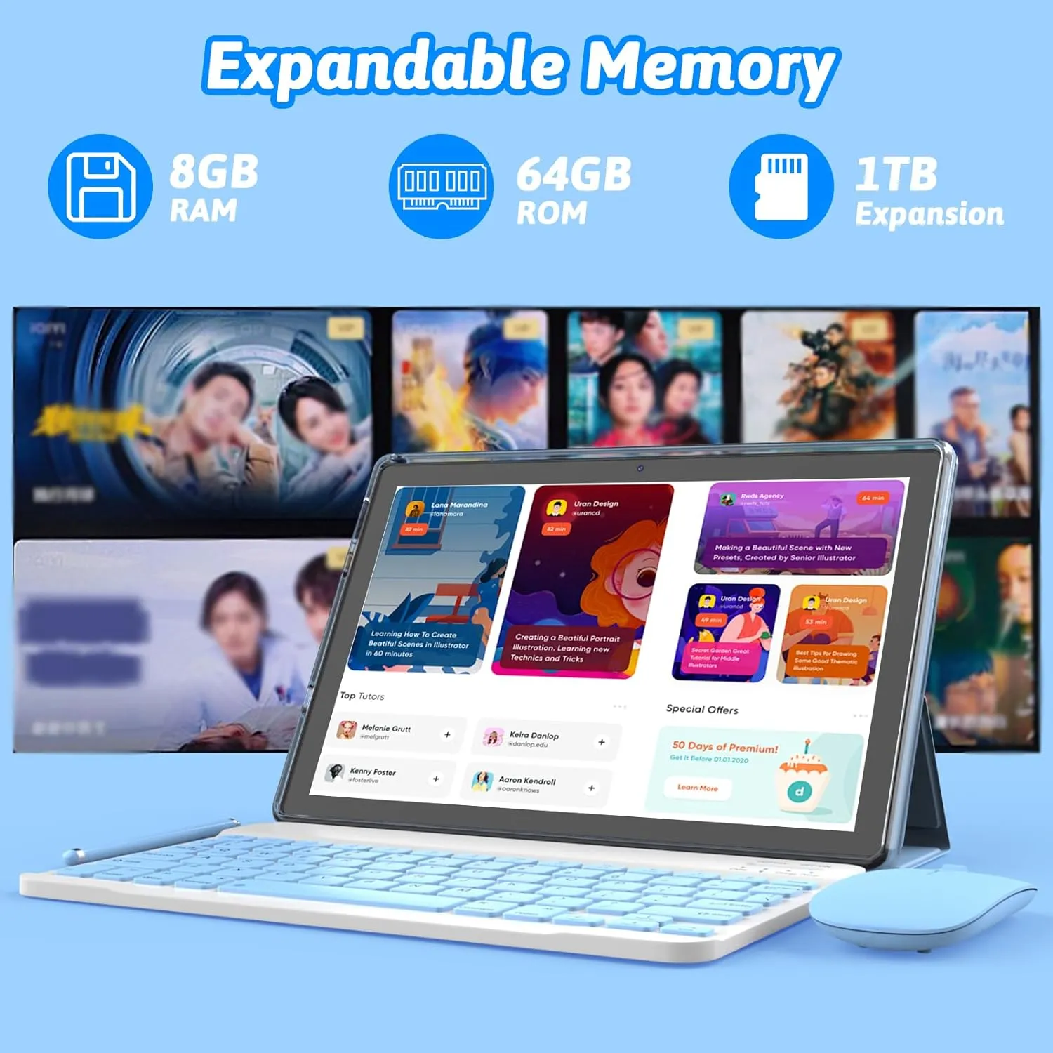 Android 14 Tablet, 10 inch 2 in 1 Tablets with Keyboard/ Case/ Mouse/ stylus, 8GB RAM 64GB ROM 1TB Expand Tablet, 1280*800 IPS Touch Screen Tablet Computer, 2.4G/5G WiFi 6 BT 5.0, Long Battery Life