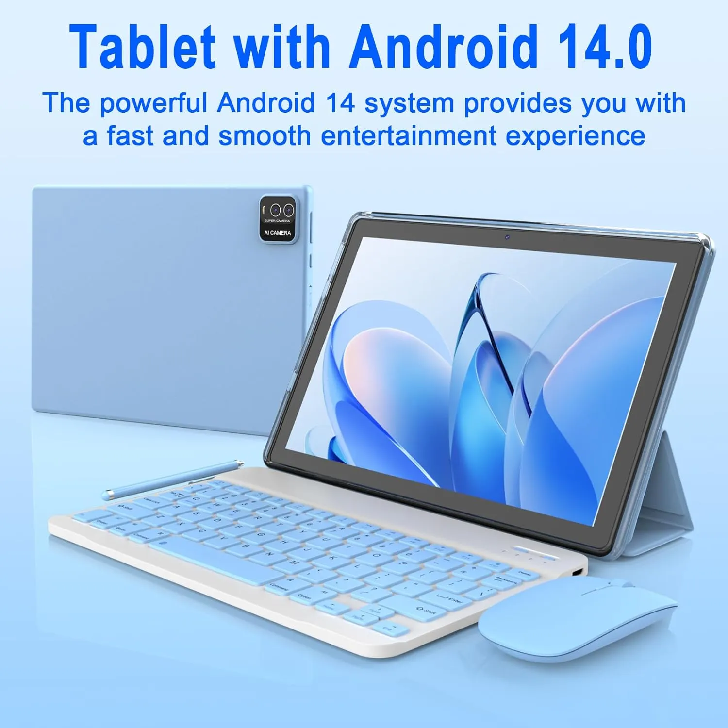 Android 14 Tablet, 10 inch 2 in 1 Tablets with Keyboard/ Case/ Mouse/ stylus, 8GB RAM 64GB ROM 1TB Expand Tablet, 1280*800 IPS Touch Screen Tablet Computer, 2.4G/5G WiFi 6 BT 5.0, Long Battery Life