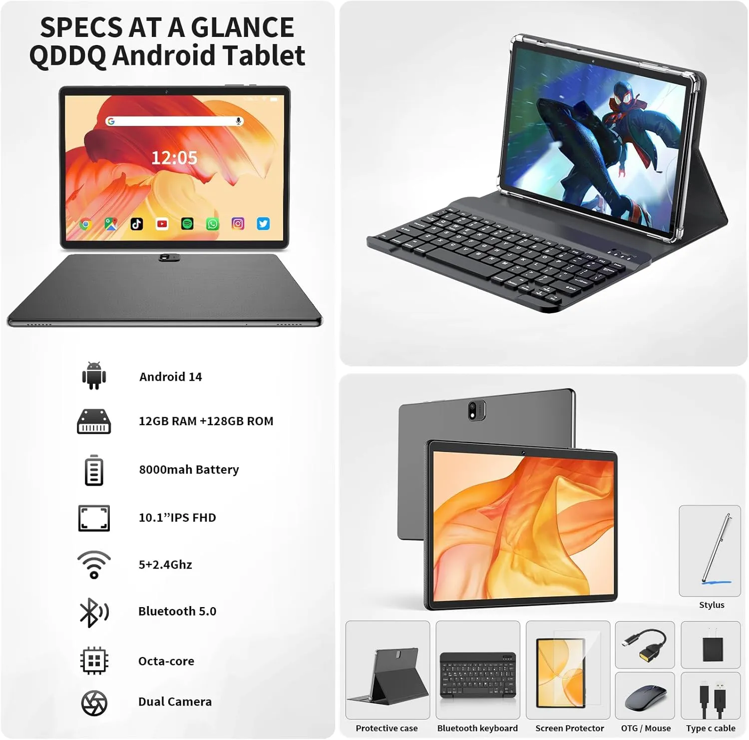 Android Tablet with Keyboard, Android 14 Tablet, 12(6 6) GB 128GB, 1TB Expand, 2 in 1, Mouse, Stylus, 8000mAh Battery, 2.4G/5G WiFi, GPS, Certified, Black Case