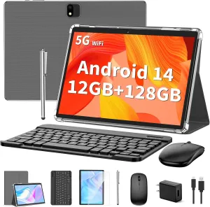 Android Tablet with Keyboard, Android 14 Tablet, 12(6 6) GB 128GB, 1TB Expand, 2 in 1, Mouse, Stylus, 8000mAh Battery, 2.4G/5G WiFi, GPS, Silver Case